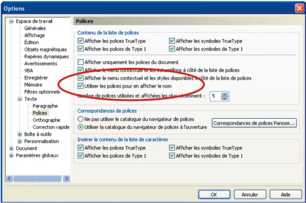 CorelDraw X3 option visualisation des polices d&eacute;sactivable